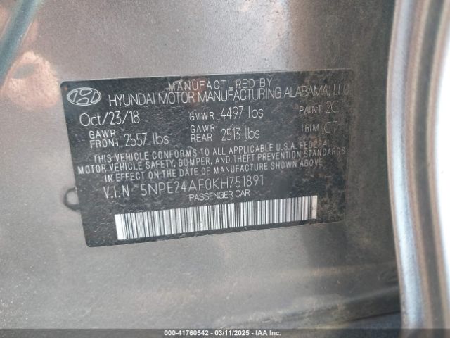 5NPE24AF0KH751891 Hyundai SONATA SE