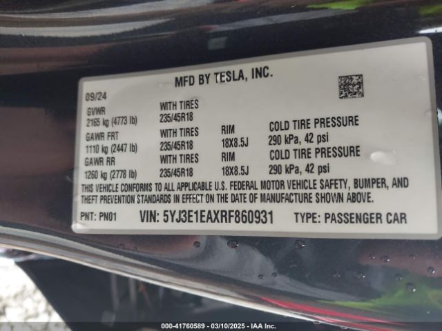 5YJ3E1EAXRF860931 Tesla Model 3 Long Range Dual Motor All-wheel Drive/rear-wheel Drive