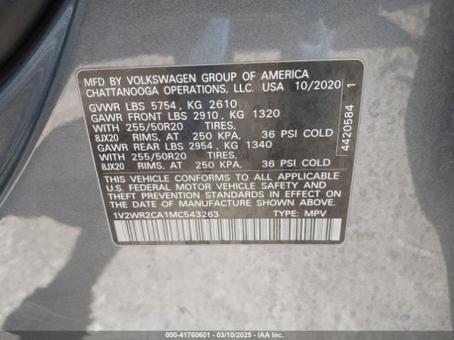 1V2WR2CA1MC543263 Volkswagen Atlas 3.6l V6 Se W/technology