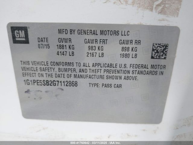 1G1PE5SB2G7112868 Chevrolet Cruze Limited 1lt Auto