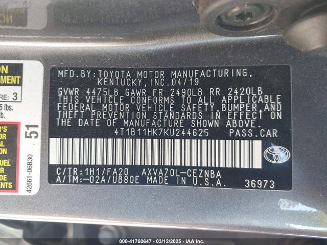 4T1B11HK7KU244625 Toyota CAMRY LE