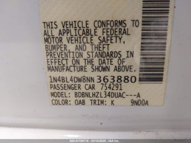 1N4BL4DW8NN363880 Nissan Altima Sv Intelligent Awd