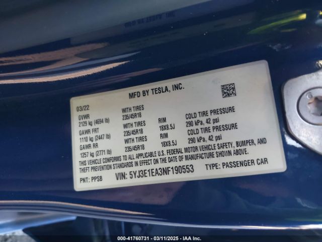 5YJ3E1EA3NF190553 Tesla Model 3 Rear-wheel Drive