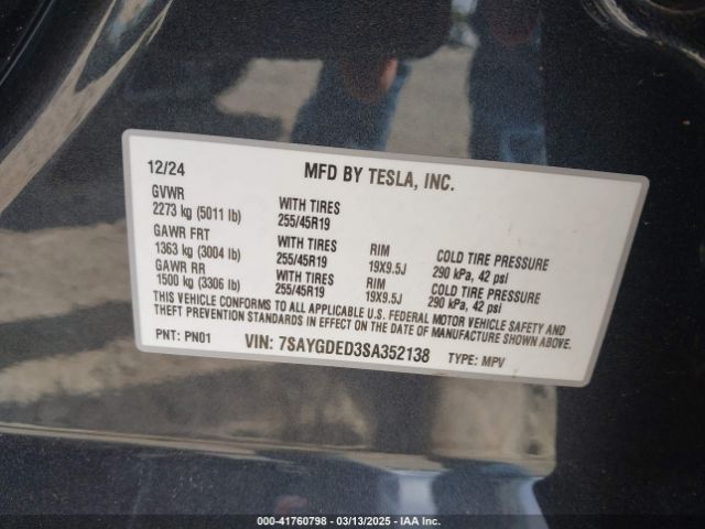 7SAYGDED3SA352138 Tesla Model Y Long Range Dual Motor All-wheel Drive