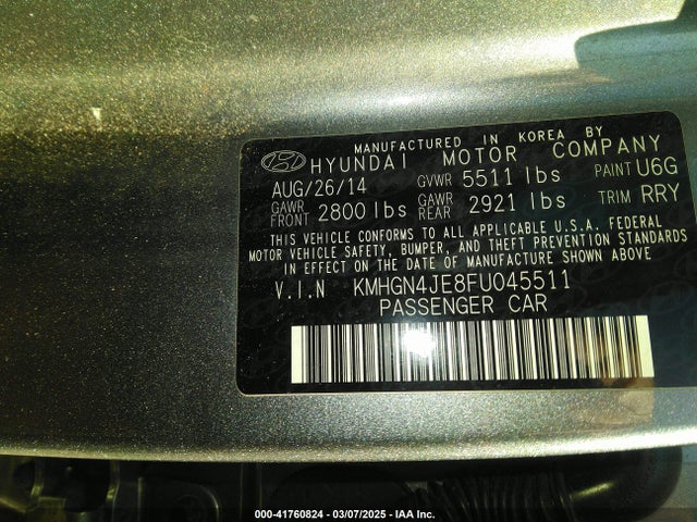 KMHGN4JE8FU045511 Hyundai Genesis 3.8l