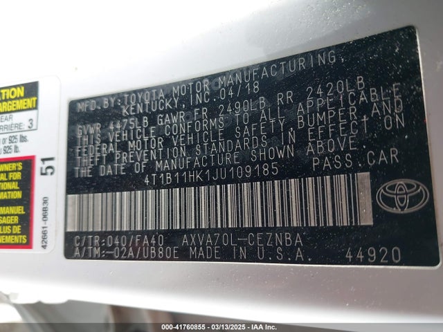 4T1B11HK1JU109185 Toyota CAMRY LE