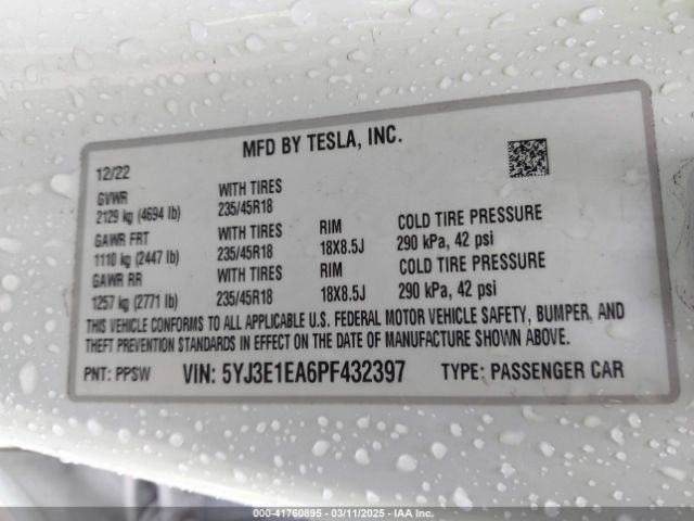 5YJ3E1EA6PF432397 Tesla Model 3 Rear-wheel Drive