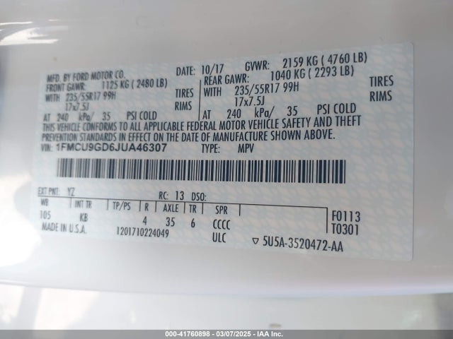 Ford ESCAPE SE 2018 1FMCU9GD6JUA46307 Image 9