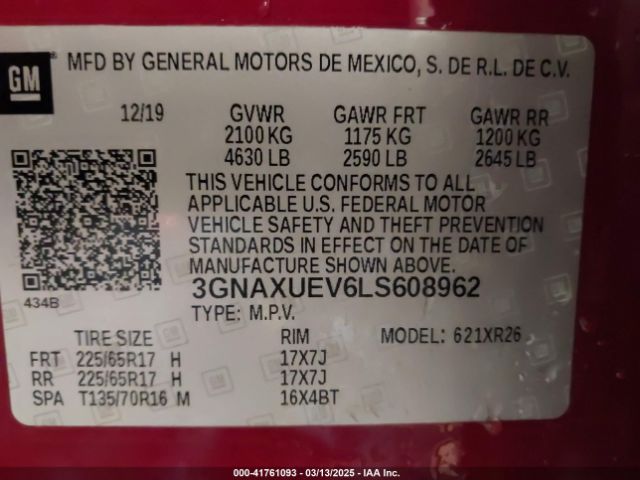 3GNAXUEV6LS608962 Chevrolet Equinox Awd Lt 1.5l Turbo