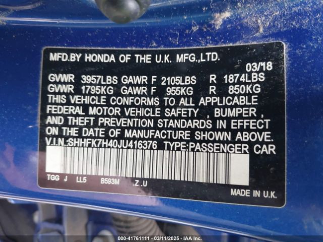 SHHFK7H40JU416376 Honda Civic Sport