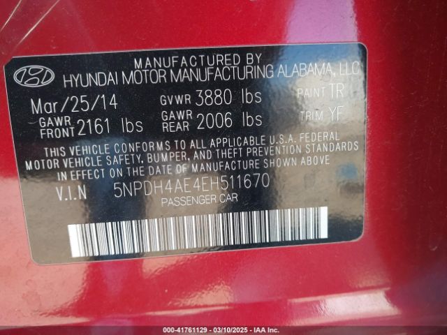 5NPDH4AE4EH511670 Hyundai ELANTRA SE