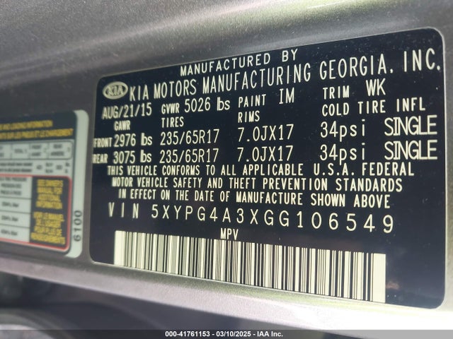 KIA Sorento 2.4l Lx 2016 5XYPG4A3XGG106549 Image 9