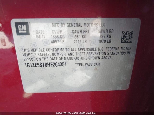 1G1ZE5ST0HF264351 Chevrolet MALIBU 1LT