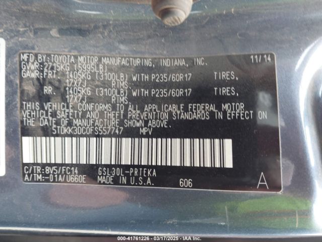 5TDKK3DC0FS557747 Toyota Sienna Le 8 Passenger