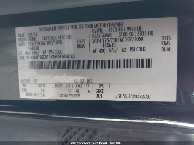 1FDBF9ZM1GKB56933 Ford Transit-350 Cab