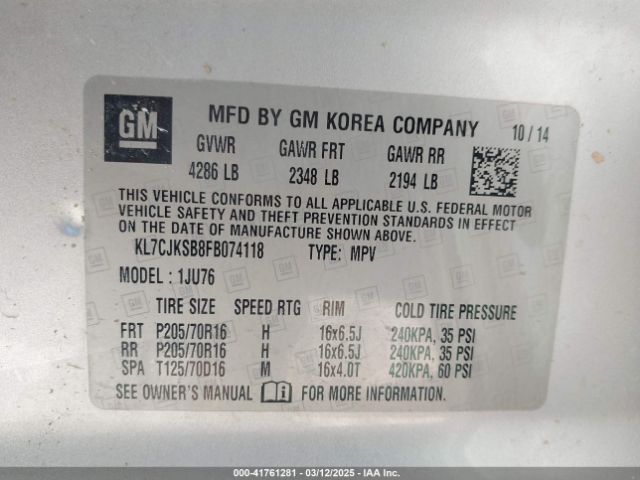 KL7CJKSB8FB074118 Chevrolet Trax 1ls