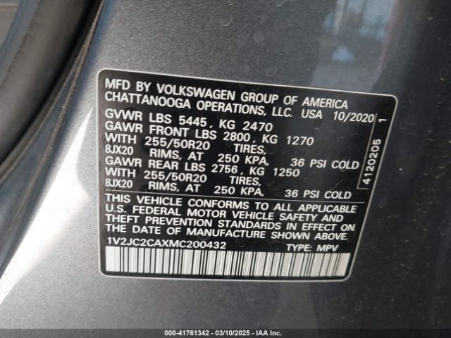 1V2JC2CAXMC200432 Volkswagen Atlas Cross Sport 2.0t Se W/technology