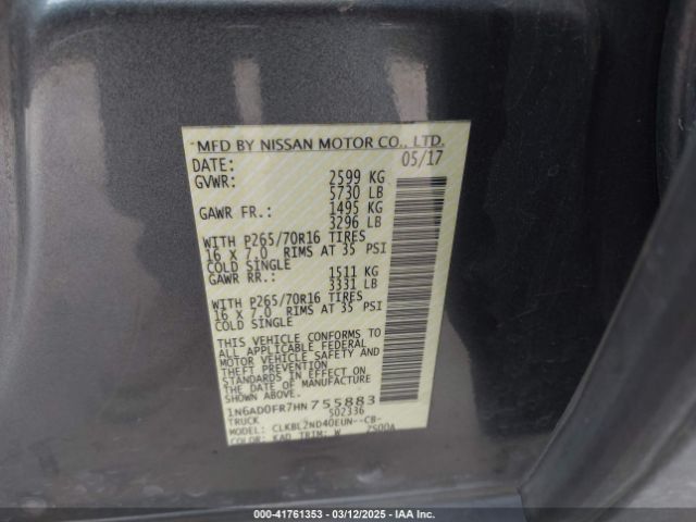1N6AD0FR7HN755883 Nissan Frontier Sv