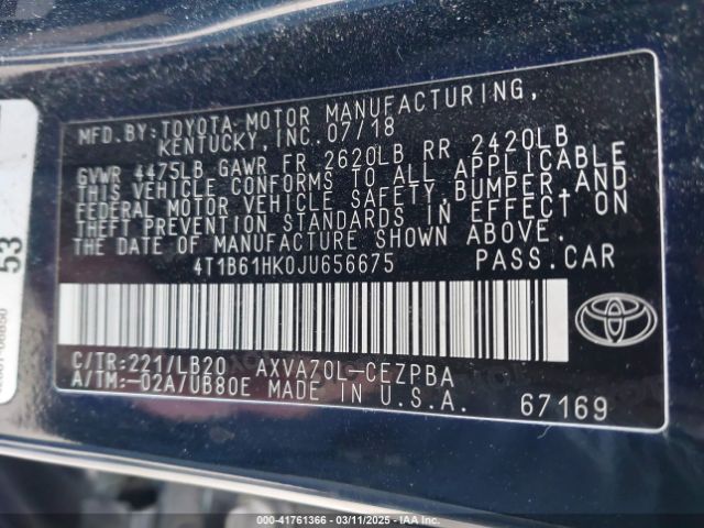4T1B61HK0JU656675 Toyota CAMRY XSE