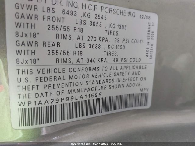 2009 PORSCHE CAYENNE WP1AA29P99LA11599 Photo 8