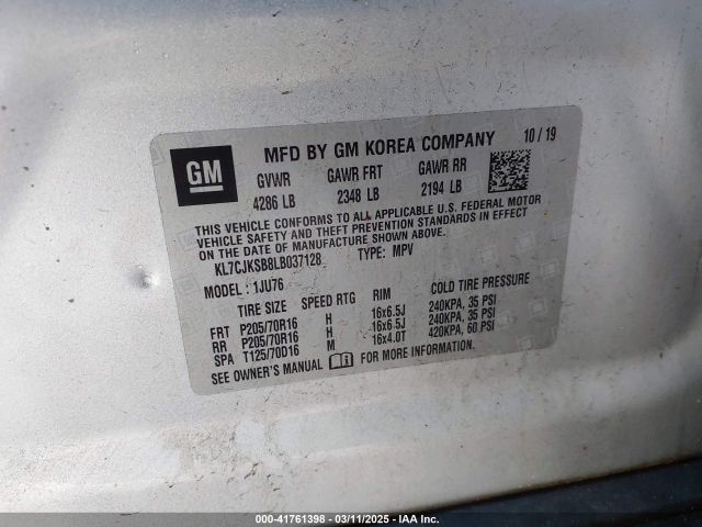 KL7CJKSB8LB037128 Chevrolet Trax Fwd Ls