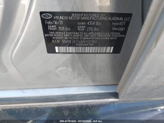 5NPEJ4J26MH122851 Hyundai Sonata Sel Plus