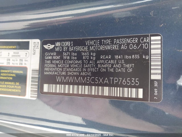 2010 MINI COOPER S CLUBMAN WMWMM3C5XATP76535 Photo 8