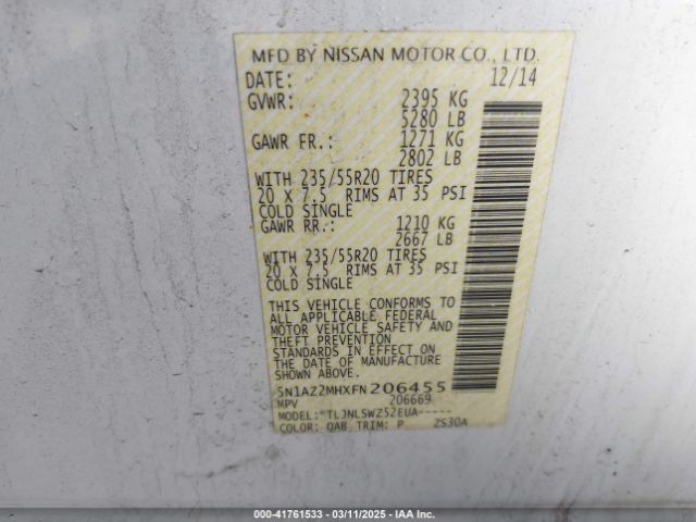 5N1AZ2MHXFN206455 Nissan Murano Platinum