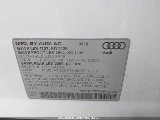 WA1BCCFSXJR028356 Audi Q3 2.0t Premium/2.0t Sport Premium