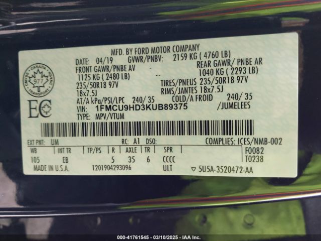 1FMCU9HD3KUB89375 Ford ESCAPE SEL