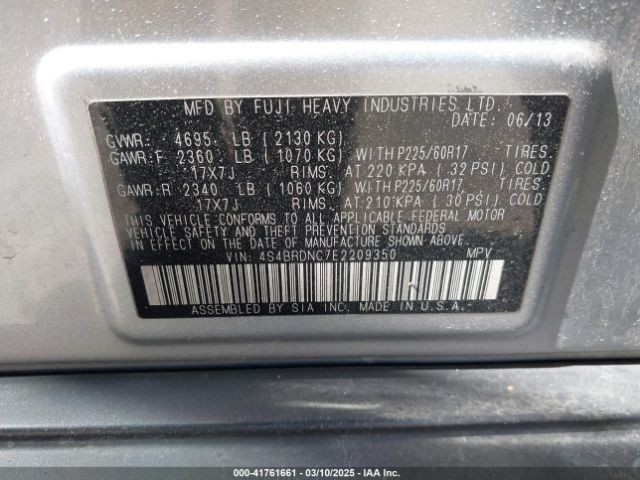 4S4BRDNC7E2209350 Subaru Outback 3.6r Limited