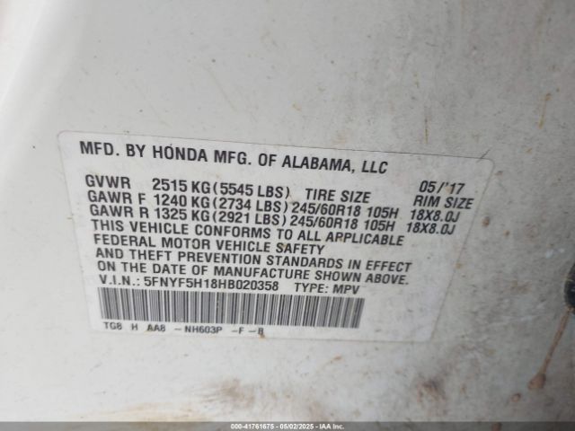 5FNYF5H18HB020358 Honda PILOT LX