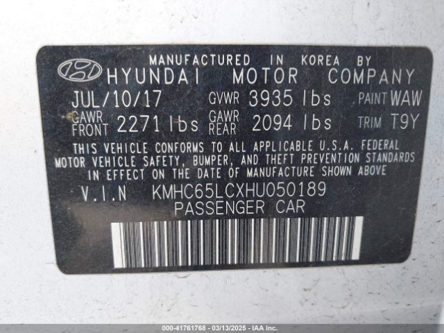 KMHC65LCXHU050189 Hyundai Ioniq Hybrid Blue