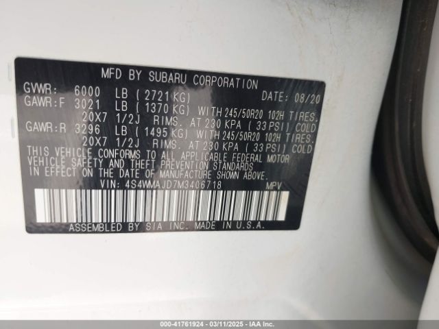 4S4WMAJD7M3406718 Subaru Ascent Limited