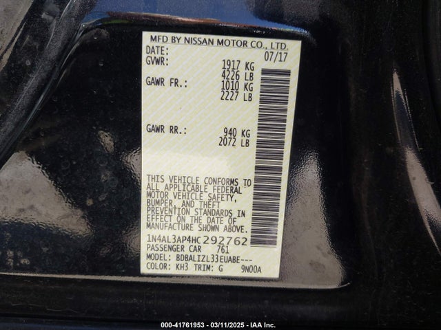 1N4AL3AP4HC292762 Nissan Altima 2.5 Sv