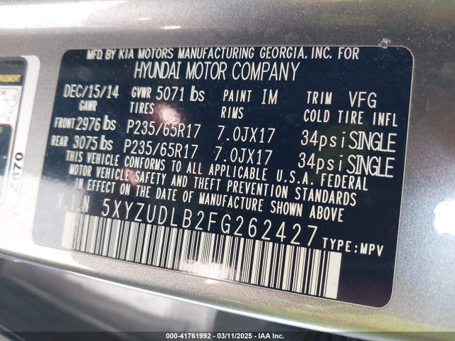5XYZUDLB2FG262427 Hyundai Santa Fe Sport 2.4l