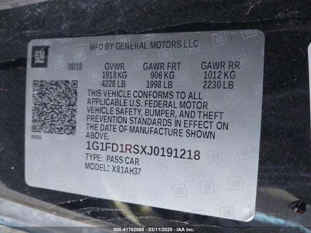 1G1FD1RSXJ0191218 Chevrolet Camaro 2lt