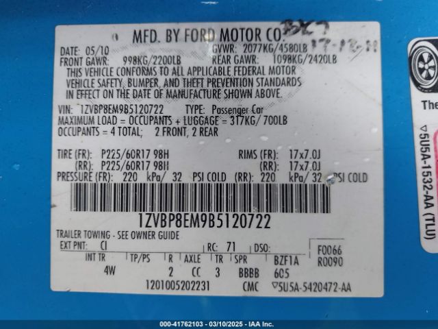2011 FORD MUSTANG 1ZVBP8EM9B5120722 Photo 8