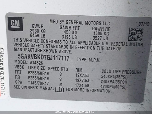 5GAKVBKD7GJ117117 Buick llt - sidi, alum, 60 degrees