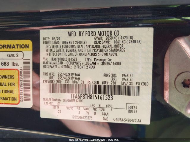 1FA6P8TH8L5161523 Ford Mustang Ecoboost Fastback