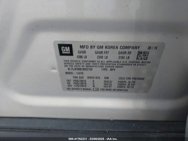 KL7CJKSB8LB022726 Chevrolet Trax Fwd Ls
