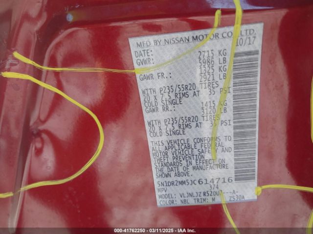 5N1DR2MM5JC614716 Nissan Pathfinder Platinum