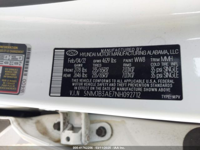 5NMJB3AE7NH092712 Hyundai TUCSON SEL