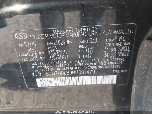 5NMZUDLB9HH001479 Hyundai Santa Fe Sport 2.4l