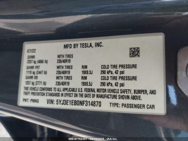 5YJ3E1EB0NF314870 Tesla Model 3 Long Range Dual Motor All-wheel Drive