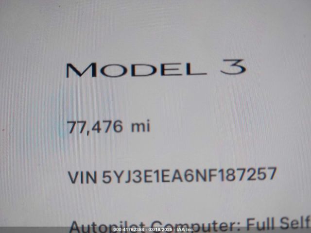 5YJ3E1EA6NF187257 Tesla Model 3 Rear-wheel Drive