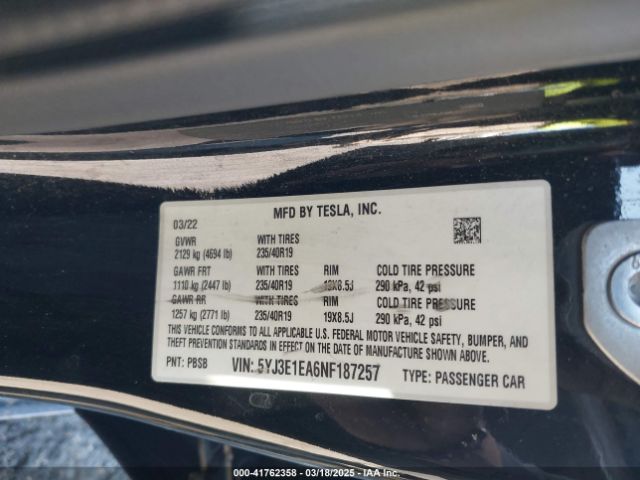 5YJ3E1EA6NF187257 Tesla Model 3 Rear-wheel Drive