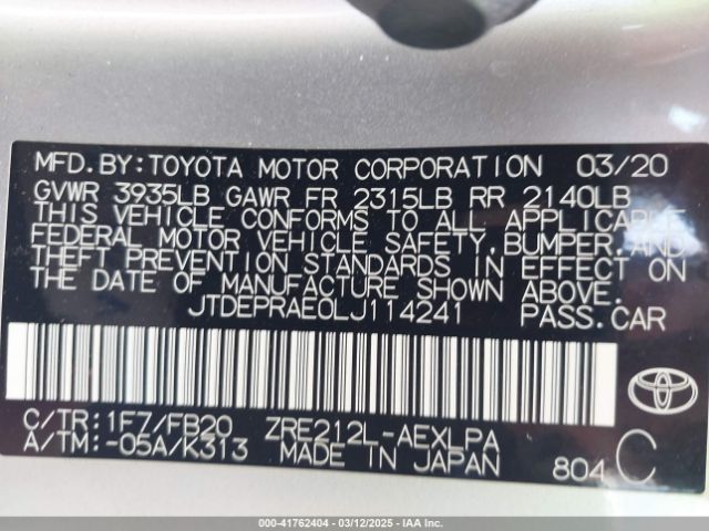 JTDEPRAE0LJ114241 Toyota COROLLA LE