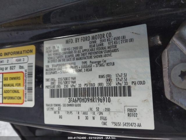 3FA6P0HD9HR196910 Ford FUSION SE