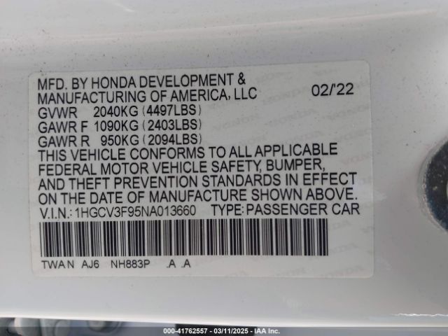 1HGCV3F95NA013660 Honda Accord Hybrid Touring